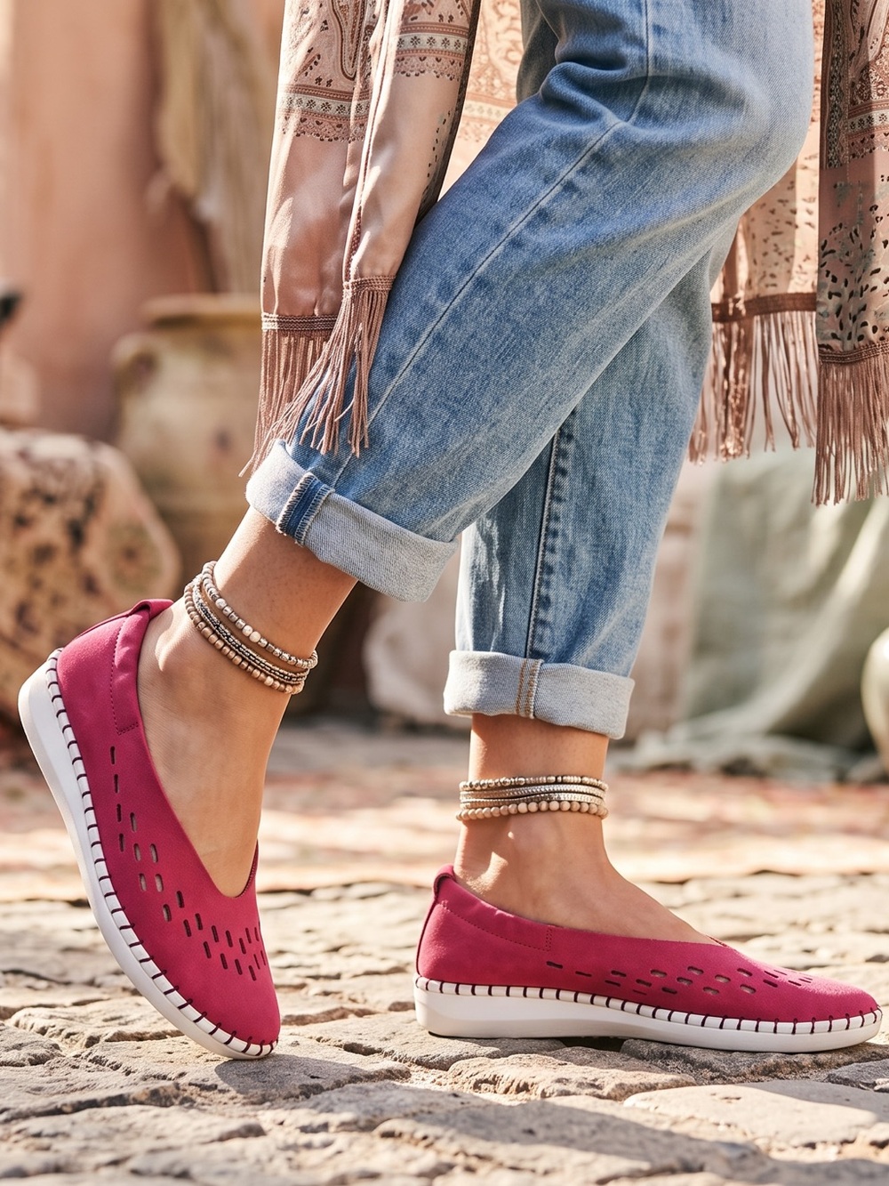 Bernie Mev TW180 Red Suede Slip On Comfort Flats Perforated Leather EU36 US 6